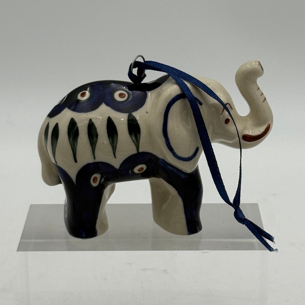 Wiza Polish Pottery Elephant Ornament Peacock Pattern Boleslawiec Hand Made